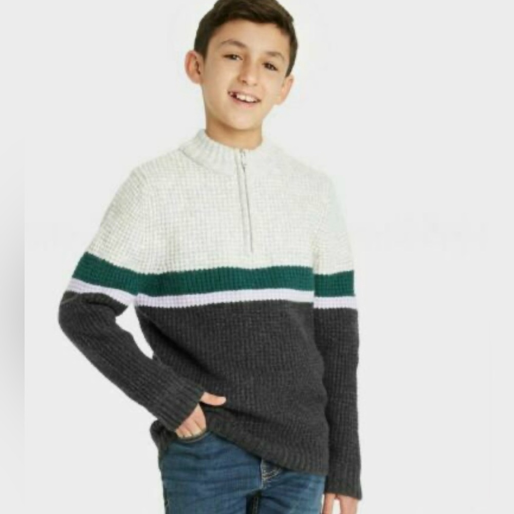 Cat & Jack Big Boy Large (12/14) Cozy Mock Neck 1/4 Zip Pullover Sweater Gray